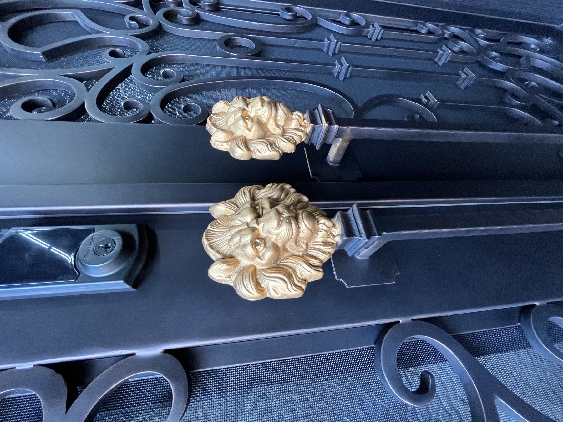 Detail of lion-head door handles, deadbolt lock and forged scrollwork