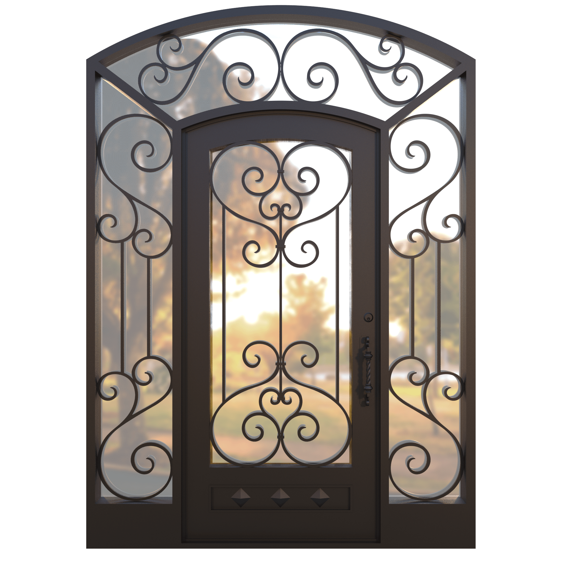 Iron entry door with sidelights and an arched transom