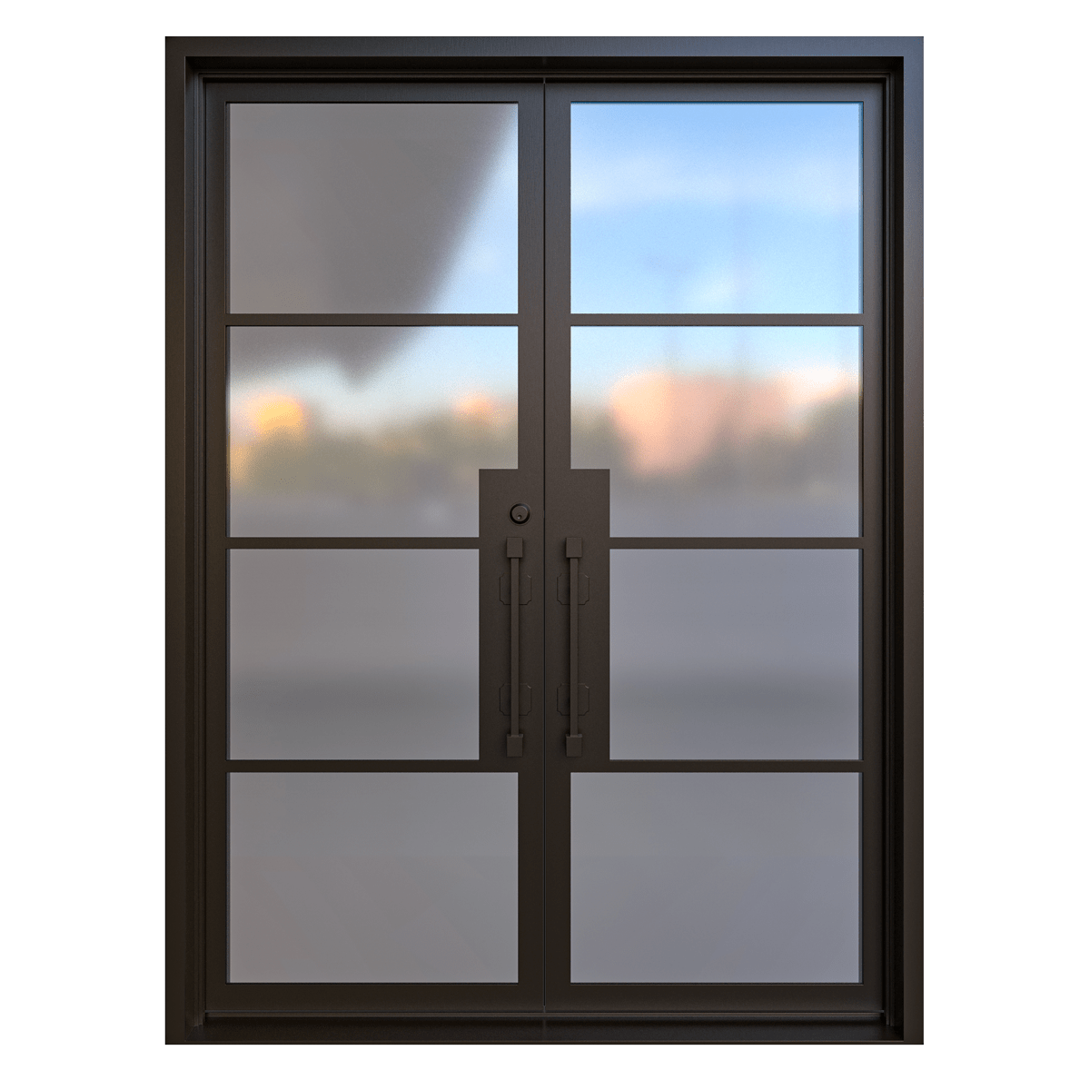 Double iron entry doors with matching scrollwork