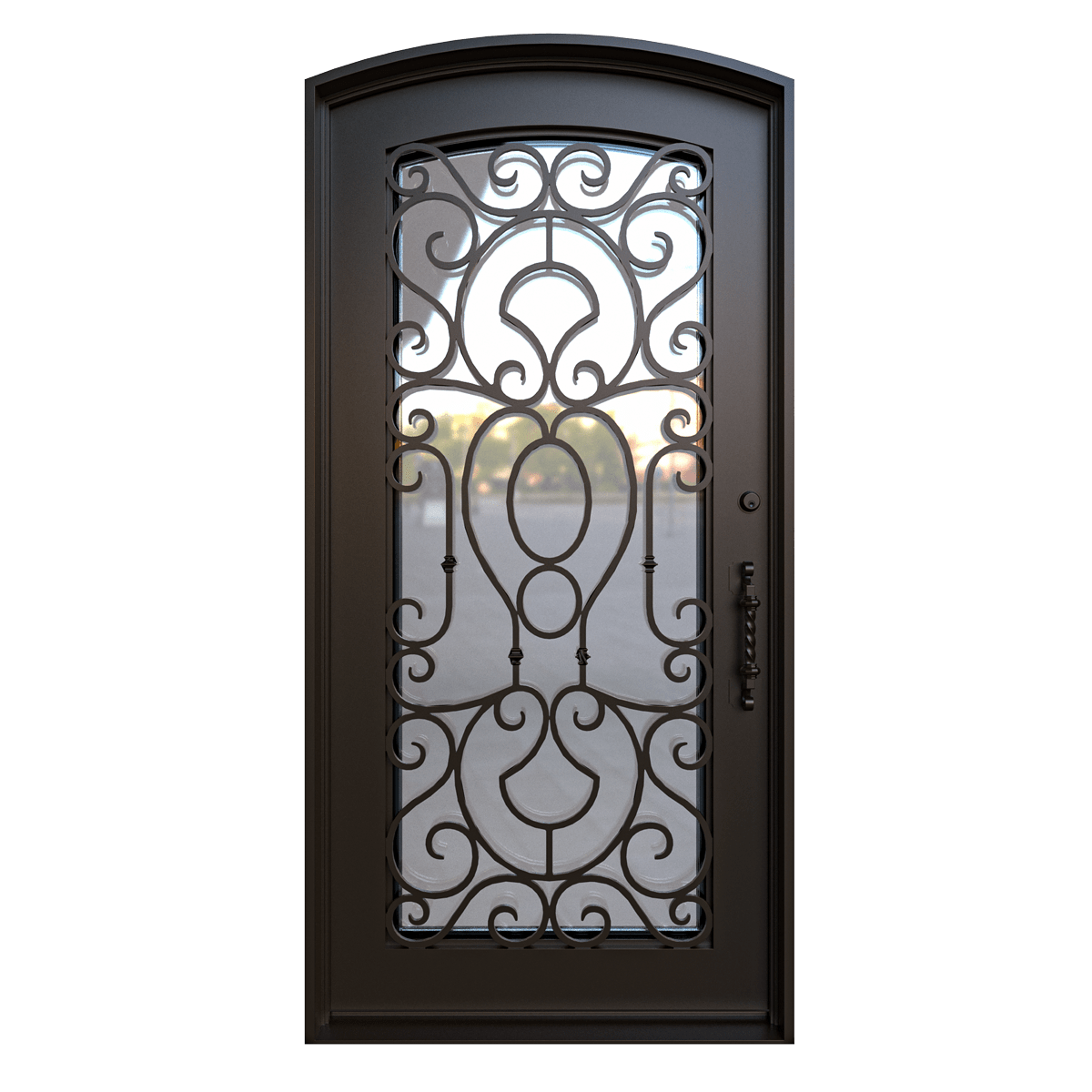 Single iron entry door with scrollwork and arched glass panel